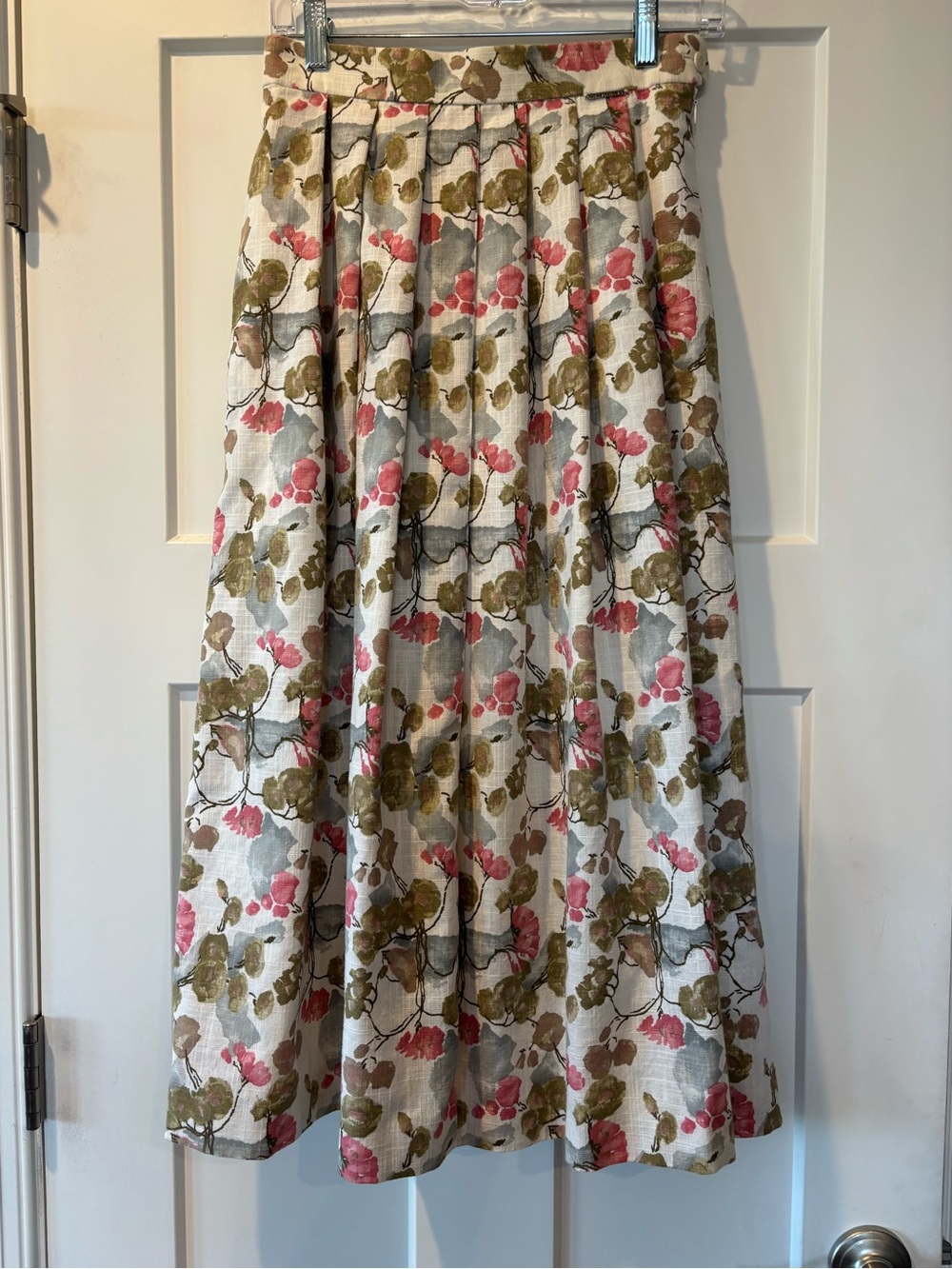 Vintage Geiger Austria Linen Blend Floral Pleated Midi Skirt Pink Olive Lined 38